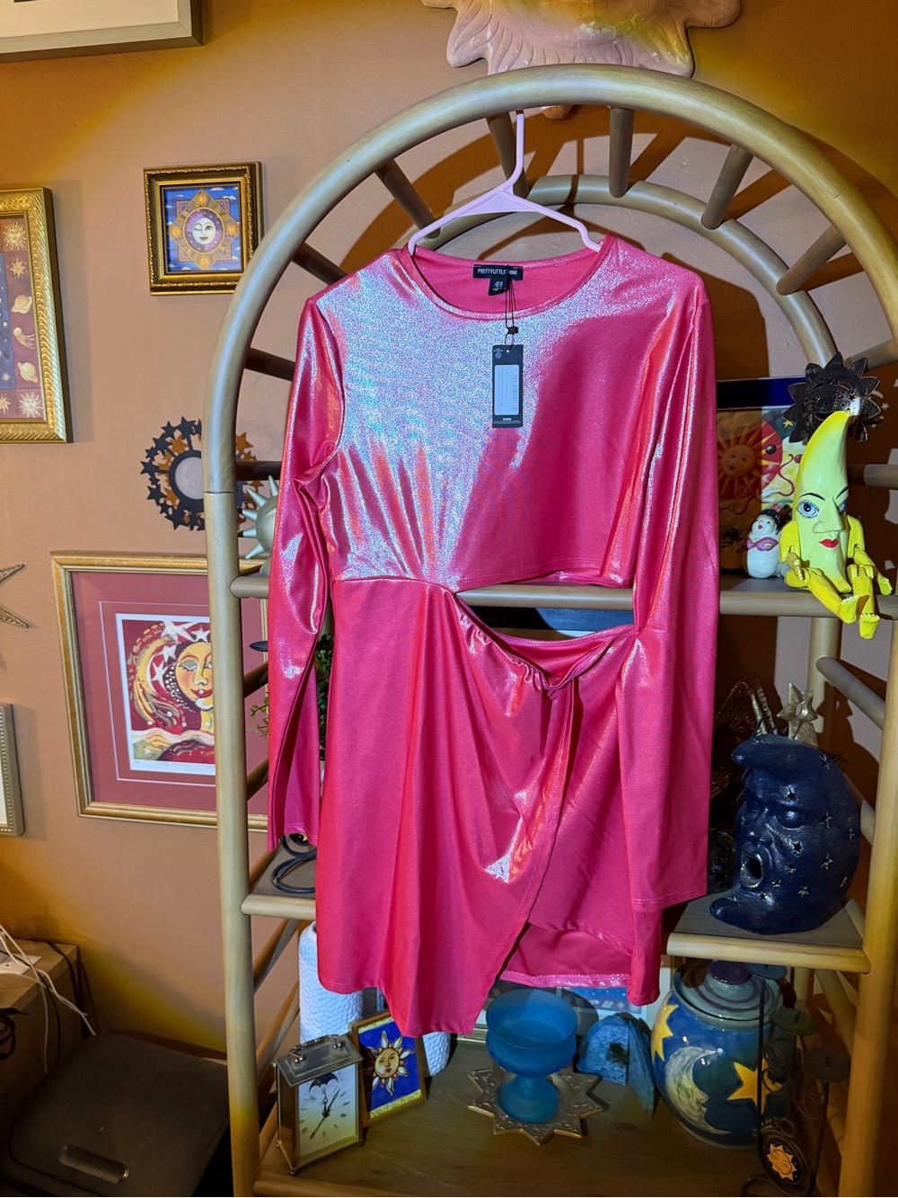 PrettyLittleThing Hot Pink Metallic Long Sleeve Dress